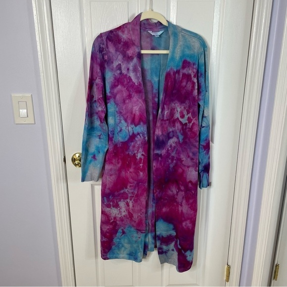 Hand tie dyed duster cardigan topper sweater jacket galaxy purple turquoise XL - Picture 6 of 10